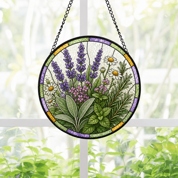 Round Stained Glass Suncatcher Window Hanging Herb Bouquet Gift for Garden Lovers