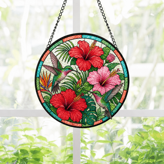 Round Stained Glass Suncatcher Window Hanging Hibiscus Hummingbird Gift
