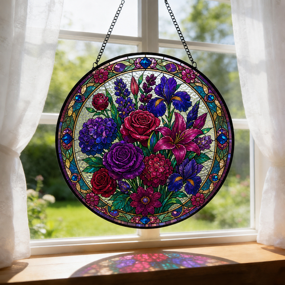 Round Stained Glass Suncatcher Window Hanging Jewel Tone Flower Bouquet Gift