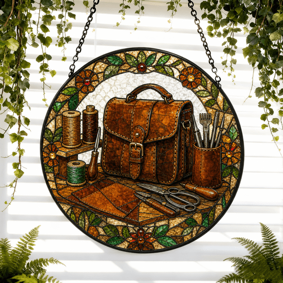 Round Stained Glass Suncatcher Window Hanging, Leather Craft Acrylic Gift