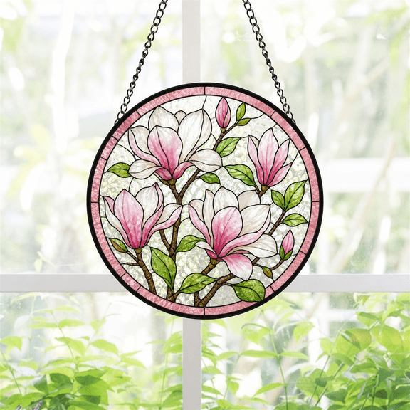 Round Stained Glass Suncatcher Window Hanging Magnolia Blossom Gift