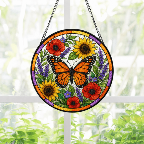 Round Stained Glass Suncatcher Window Hanging Monarch Butterfly Floral Wreath Gift