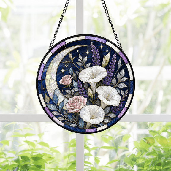 Round Stained Glass Suncatcher Window Hanging Moon Garden Flowers Gift