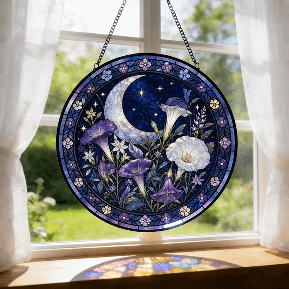 Round Stained Glass Suncatcher Window Hanging Moon Garden Flowers Gift