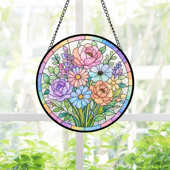 Round Stained Glass Suncatcher Window Hanging Pastel Rainbow Bouquet Floral Gift