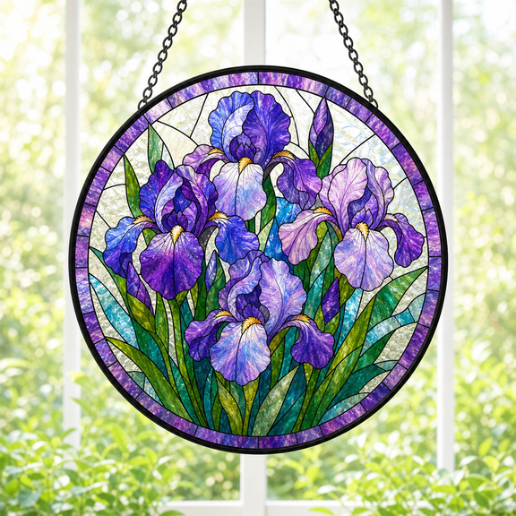Round Stained Glass Suncatcher Window Hanging Purple Iris Floral Gift