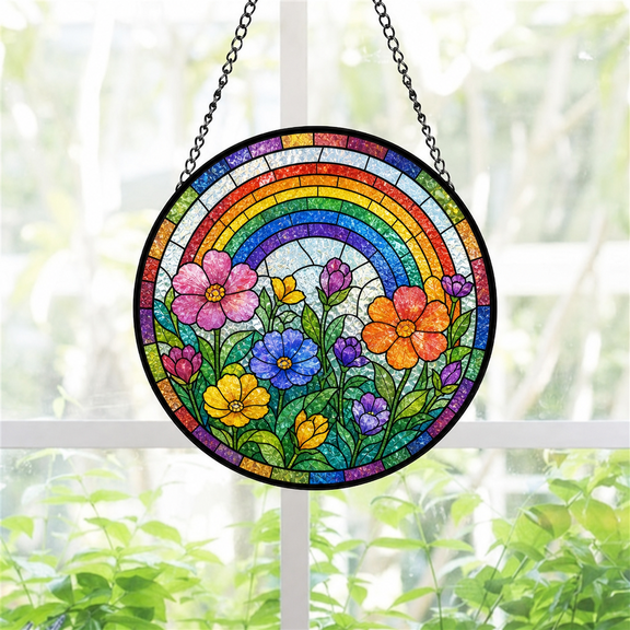 Round Stained Glass Suncatcher Window Hanging Rainbow Floral Garden Gift