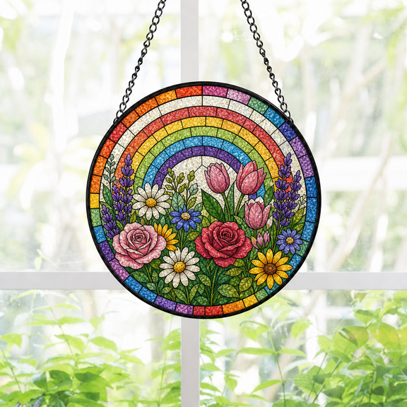 Round Stained Glass Suncatcher Window Hanging, Rainbow Flower Garden Gift