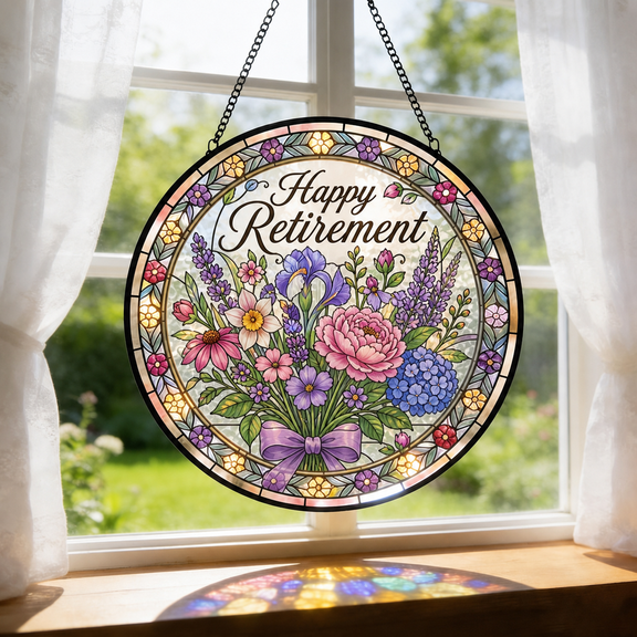 Round Stained Glass Suncatcher Window Hanging Retirement Gift Floral Bouquet