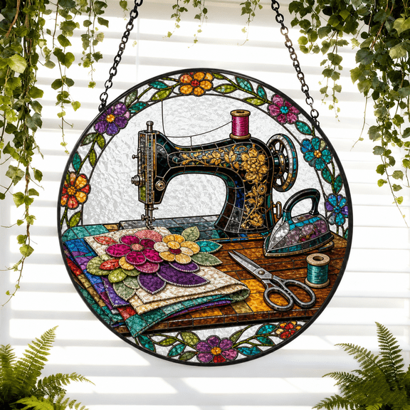 Round Stained Glass Suncatcher Window Hanging Sewing Room Floral Gift