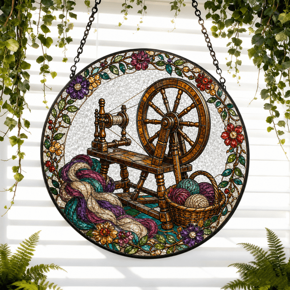 Round Stained Glass Suncatcher Window Hanging Spinning Wheel Gift for Knitters