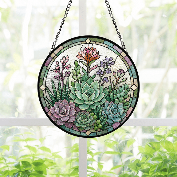 Round Stained Glass Suncatcher Window Hanging Succulent Bloom Garden Gift