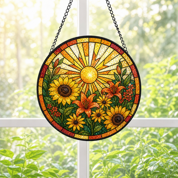 Round Stained Glass Suncatcher Window Hanging Sunburst Floral Garden Gift
