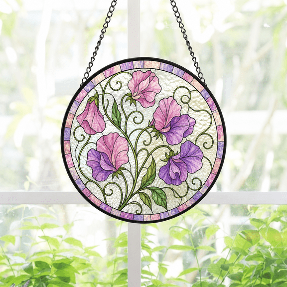 Round Stained Glass Suncatcher Window Hanging Sweet Pea Flowers Gift for Mom