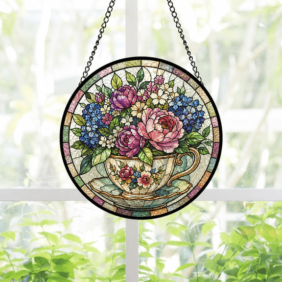 Round Stained Glass Suncatcher Window Hanging Teacup Flower Garden Gift