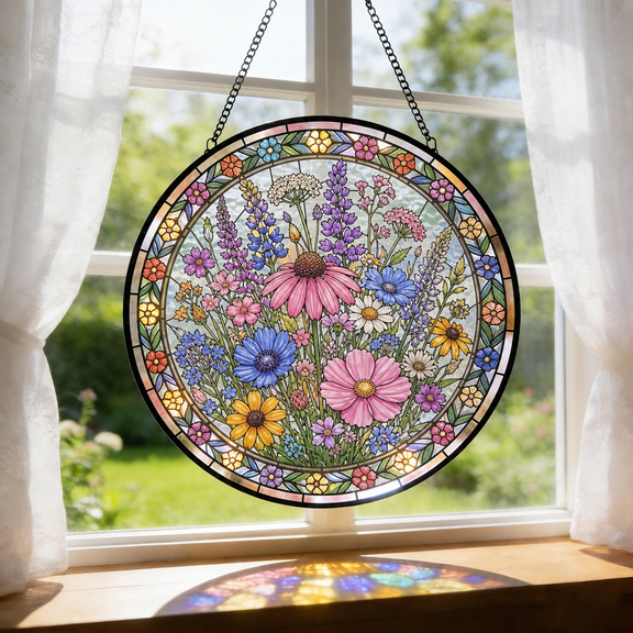 Round Stained Glass Suncatcher Window Hanging Wildflower Bouquet Floral Gift