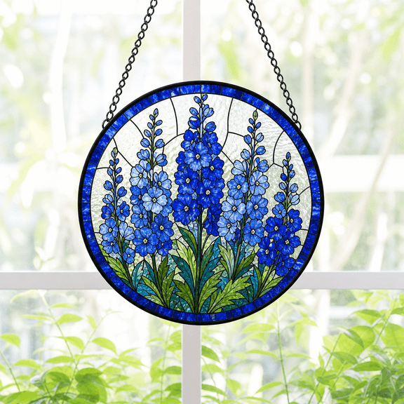 Round Stained Glass Suncatcher Window Hanging with Blue Delphinium Garden Flowers