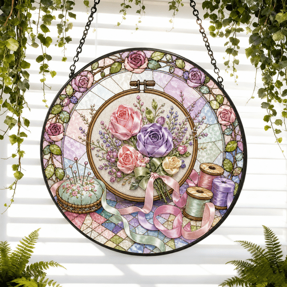 Round Stained Glass Suncatcher Window Hanging with Ribbon Roses Gift for Mom