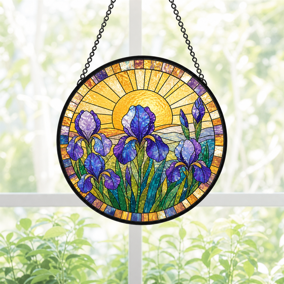 Round Stained Glass Suncatcher Window Hanging with Sun and Iris Flowers Gift