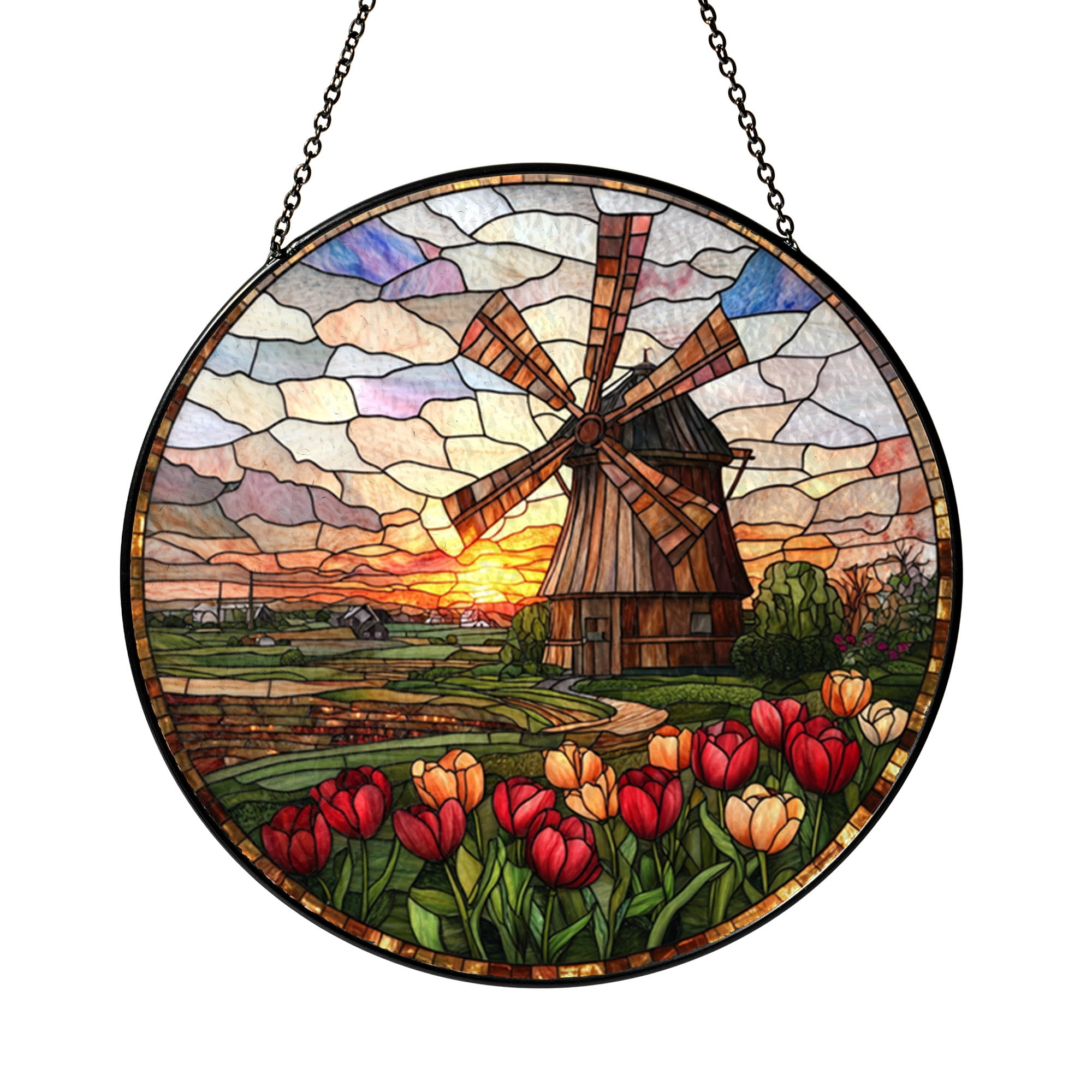 Round Stained Glass Windmill Window Art Tulip Field Scenic Landscape ...