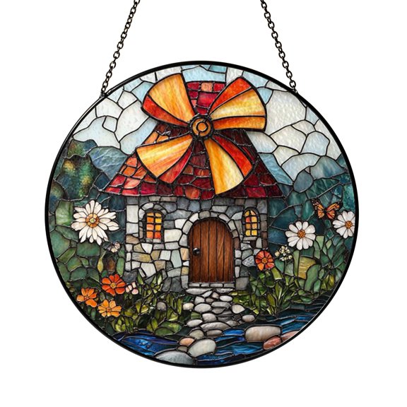 Round Stained Glass Windmill Window Decor Featuring Floral Garden Elements and Butterfly Accents