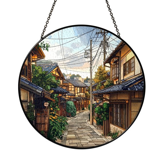 Round Stained Glass Window Decor Featuring Traditional Japanese Street Scene with Homes and Greenery