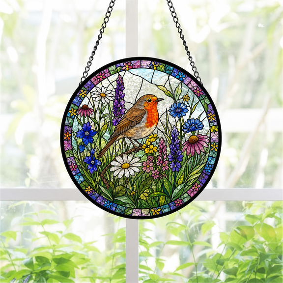 Round Stained Glass Window Hanging Acrylic Robin Wildflower Suncatcher Gift