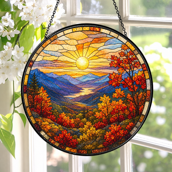 Round Stained Glass Window Hanging Autumn Foliage Panorama Suncatcher Gift