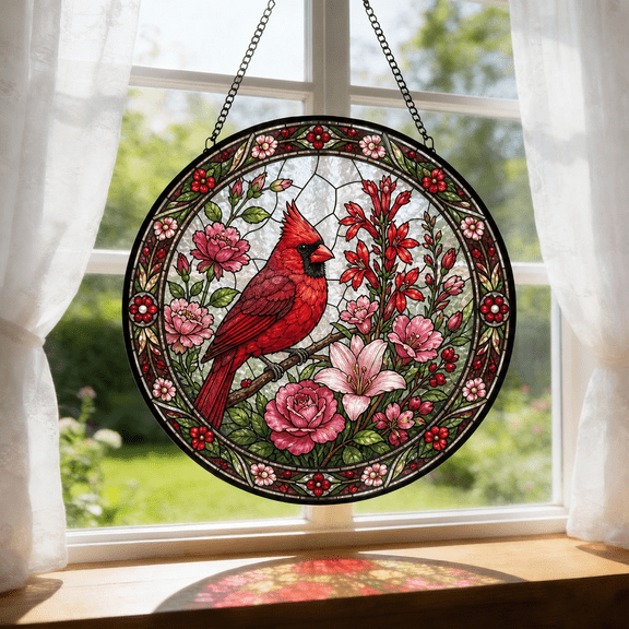 Round Stained Glass Window Hanging Cardinal Flower Suncatcher Memorial Gift