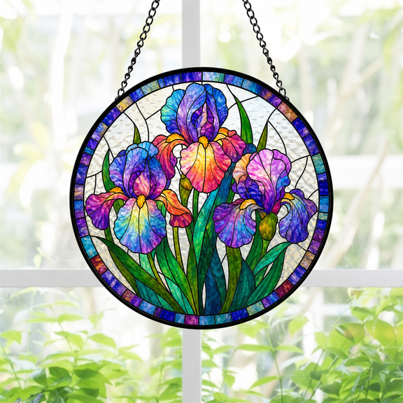 Round Stained Glass Window Hanging Iris Suncatcher Gift for Mom or Garden Lovers
