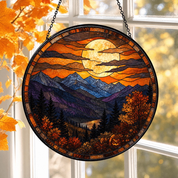 Round Stained Glass Window Hanging Moonlit Mountains Suncatcher Halloween Gift