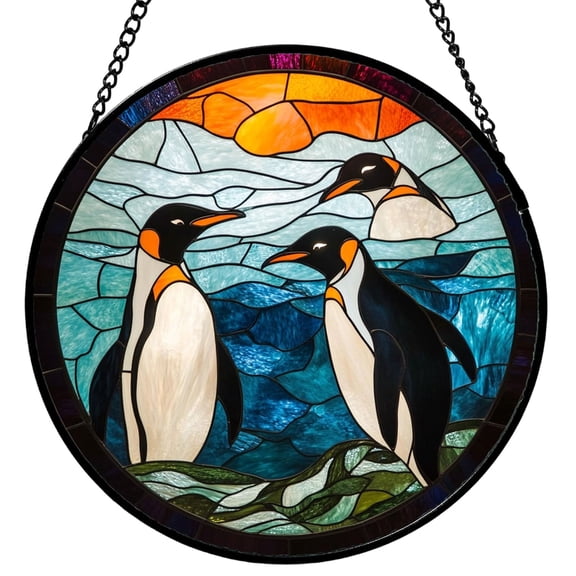 Round Stained Glass Window Hanging Panel with Penguin Design for Indoor Garden Kitchen Sunroom Home Decoration
