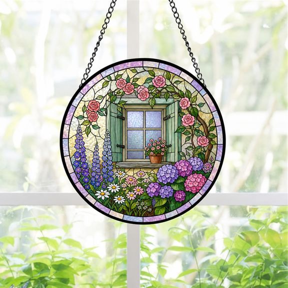 Round Stained Glass Window Hanging Suncatcher Acrylic Cottage Garden Gift