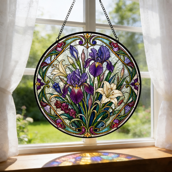 Round Stained Glass Window Hanging Suncatcher, Art Nouveau Floral Gift