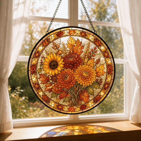Round Stained Glass Window Hanging Suncatcher, Autumn Bouquet Thanksgiving Gift