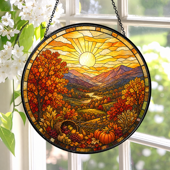 Round Stained Glass Window Hanging Suncatcher, Autumn Valley Thanksgiving Gift