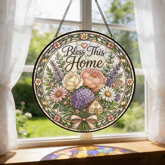 Round Stained Glass Window Hanging Suncatcher Bless This Home New House Gift