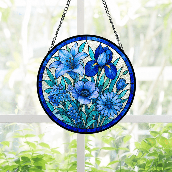 Round Stained Glass Window Hanging Suncatcher Blue Botanical Acrylic Gift