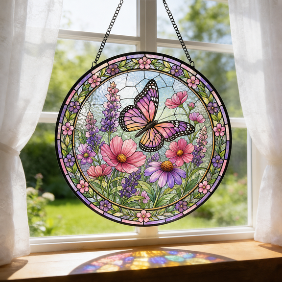 Round Stained Glass Window Hanging Suncatcher Butterfly Flower Garden Gift