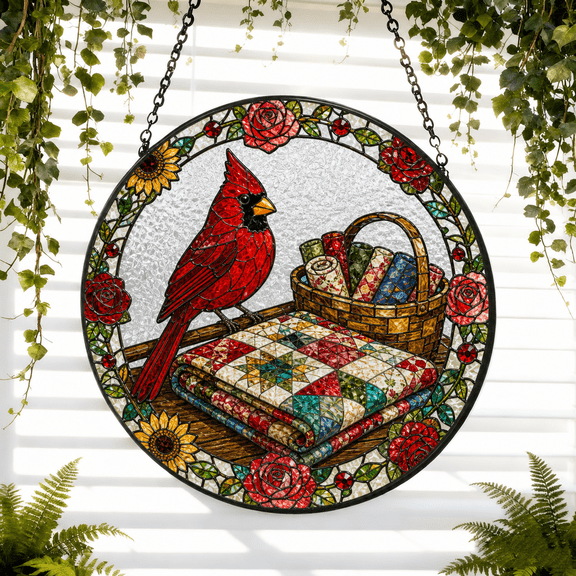 Round Stained Glass Window Hanging Suncatcher Cardinal Quilt Gift for Quilters