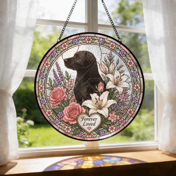 Round Stained Glass Window Hanging Suncatcher Dog Memorial Gift with Floral Border
