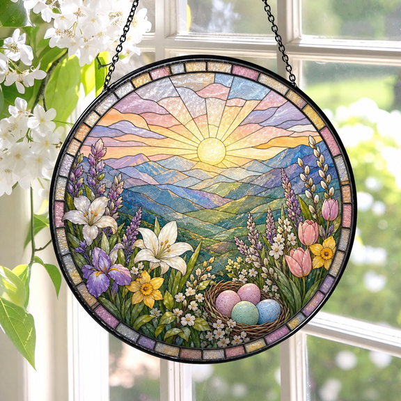 Round Stained Glass Window Hanging Suncatcher, Easter Sunrise Mountains Gift