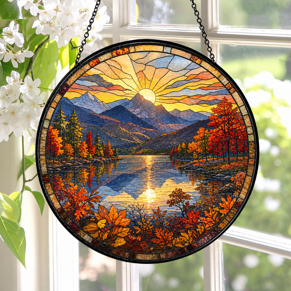 Round Stained Glass Window Hanging Suncatcher, Fall Mountain Lake Reflection Gift