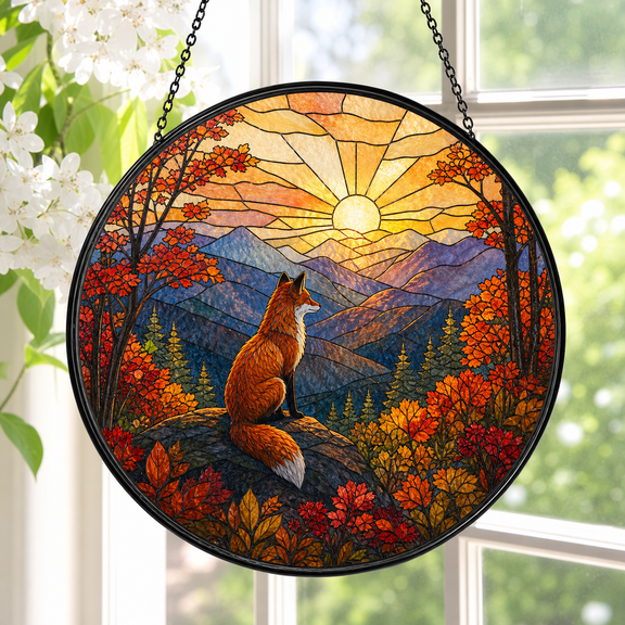 Round Stained Glass Window Hanging Suncatcher Fox in Autumn Forest Sunrise Gift