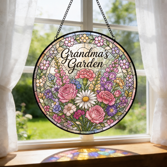 Round Stained Glass Window Hanging Suncatcher, Grandma's Garden Bouquet Gift