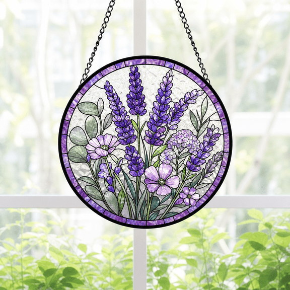 Round Stained Glass Window Hanging Suncatcher, Healing Lavender Garden Gift