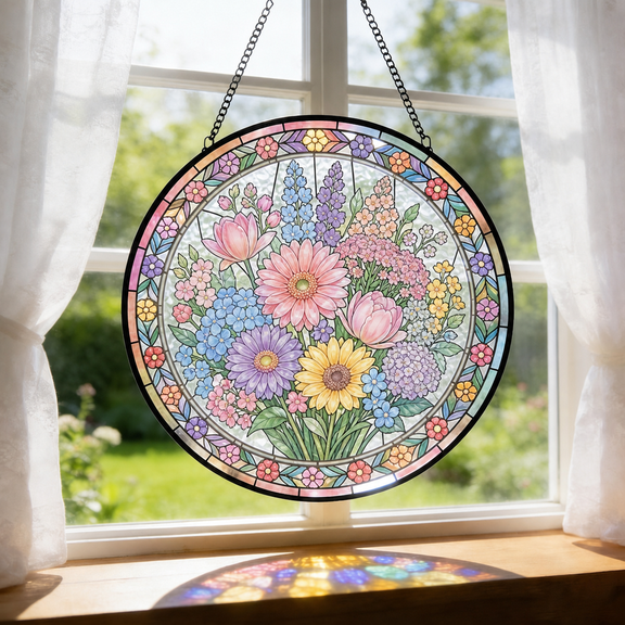 Round Stained Glass Window Hanging Suncatcher Pastel Rainbow Bouquet Gift