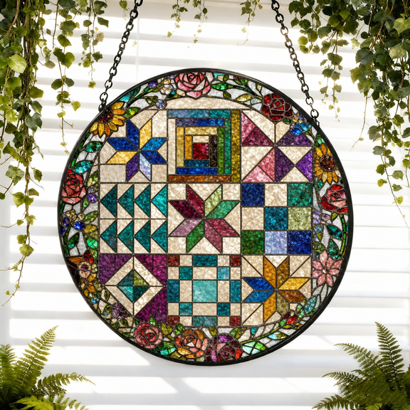 Round Stained Glass Window Hanging Suncatcher Quilt Block Sampler Quilter Gift
