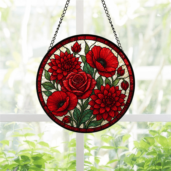 Round Stained Glass Window Hanging Suncatcher Red Floral Acrylic Gift for Mom or Dad