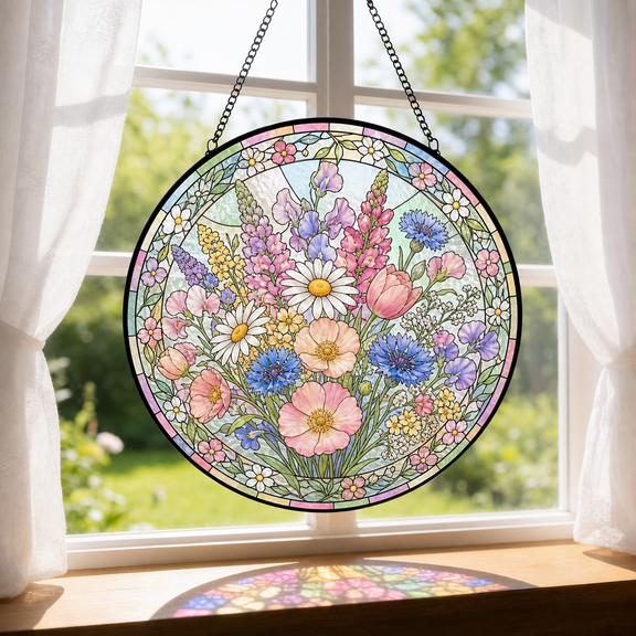 Round Stained Glass Window Hanging Suncatcher Spring Wildflower Garden Gift
